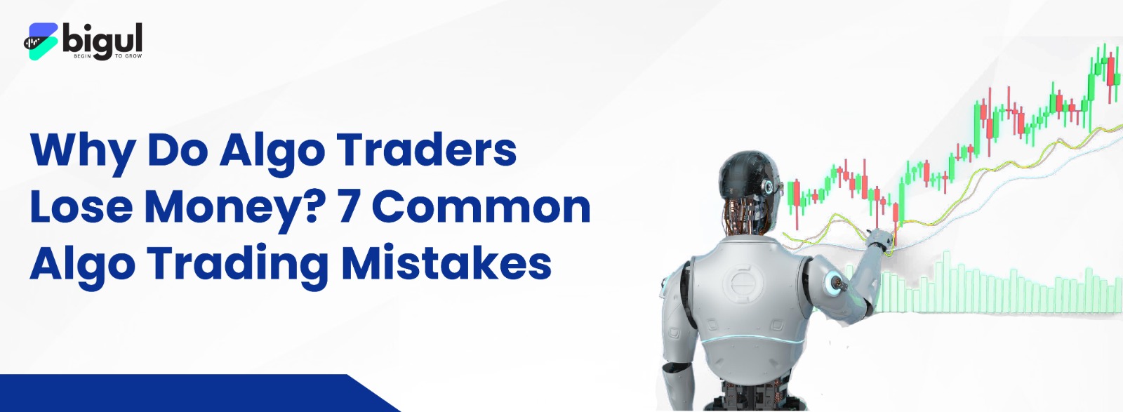 Trader analyzing algorithmic trading charts with warning signs highlighting common algo trading mistakes and risk management.